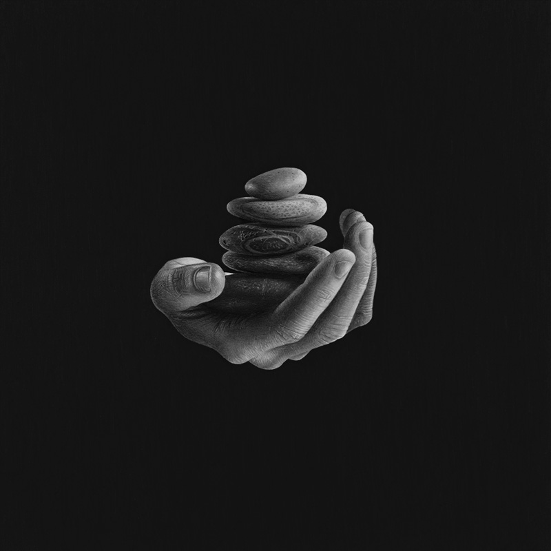 A drawing of a hand and pebble stack by Emma Towers-Evans, from her 30 series - Day 1: Pensive