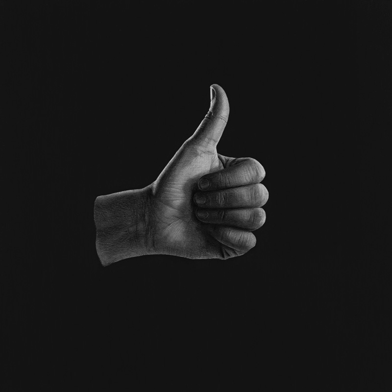A drawing of a thumbs up hand like button by Emma Towers-Evans, from her 30 series - Day 22: DIVIDED