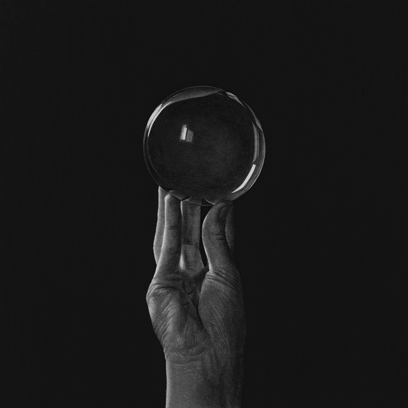 A drawing of a hand and crystal ball by Emma Towers-Evans, from her 30 series - Day 24: UNCERTAINTY