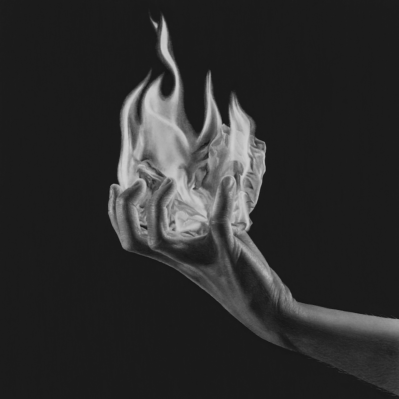A drawing of a hand on fire by Emma Towers-Evans, from her 30 series - Rage