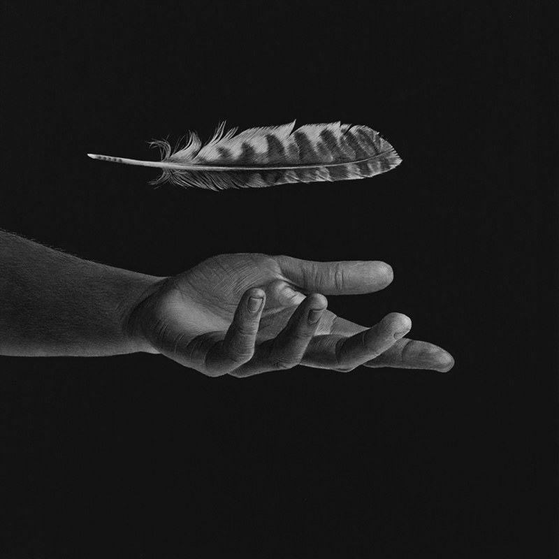A drawing of a hand and feather by Emma Towers-Evans, from her 30 series - Day 26: TRANQUILITY